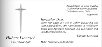 Traueranzeige von Hubert Lienesch von Neue Osnabrücker Zeitung GmbH & Co. KG