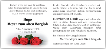 Traueranzeige von Hugo Meyer zum Alten Borgloh von Neue Osnabrücker Zeitung GmbH & Co. KG