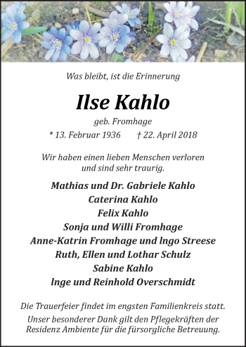 Traueranzeige von Ilse Kahlo von Neue Osnabrücker Zeitung GmbH & Co. KG