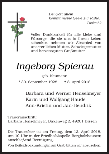 Traueranzeige von Ingeborg Spierau von Neue Osnabrücker Zeitung GmbH & Co. KG