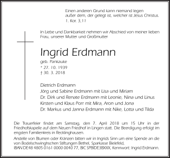 Traueranzeige von Ingrid Erdmann von Neue Osnabrücker Zeitung GmbH & Co. KG