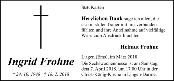 Traueranzeige von Ingrid Frohne von Neue Osnabrücker Zeitung GmbH & Co. KG