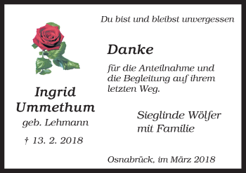 Traueranzeige von Ingrid Ummethum von Neue Osnabrücker Zeitung GmbH & Co. KG