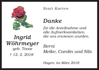 Traueranzeige von Ingrid Wöhrmeyer von Neue Osnabrücker Zeitung GmbH & Co. KG