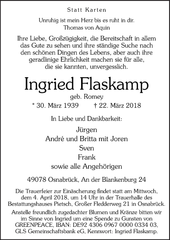 Traueranzeige von Ingried Flaskamp von Neue Osnabrücker Zeitung GmbH & Co. KG