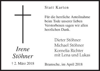 Traueranzeige von Irene Stöhner von Neue Osnabrücker Zeitung GmbH & Co. KG