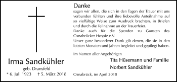Traueranzeige von Irma Sandkühler von Neue Osnabrücker Zeitung GmbH & Co. KG