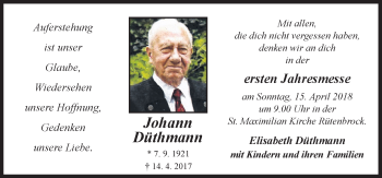 Traueranzeige von Johann Düthmann von Neue Osnabrücker Zeitung GmbH & Co. KG