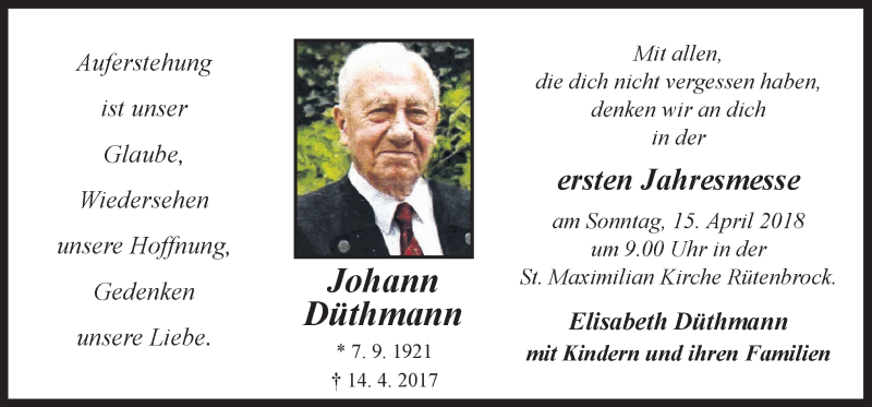  Traueranzeige für Johann Düthmann vom 12.04.2018 aus Neue Osnabrücker Zeitung GmbH & Co. KG