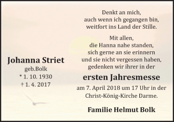 Traueranzeige von Johanna Striet von Neue Osnabrücker Zeitung GmbH & Co. KG