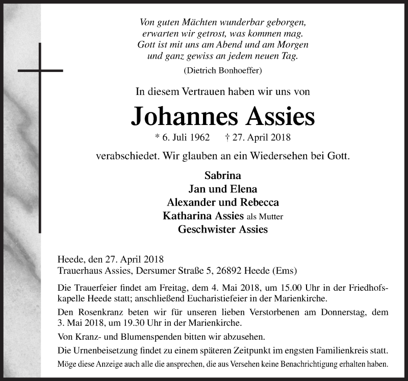  Traueranzeige für Johannes Assies vom 30.04.2018 aus Neue Osnabrücker Zeitung GmbH & Co. KG