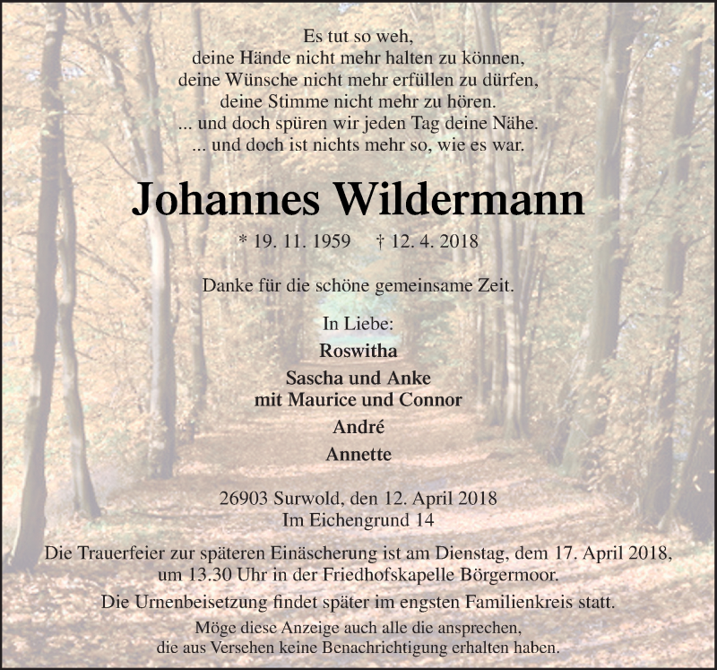  Traueranzeige für Johannes Wildermann vom 14.04.2018 aus Neue Osnabrücker Zeitung GmbH & Co. KG