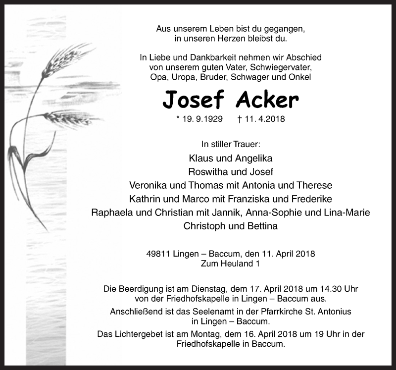  Traueranzeige für Josef Acker vom 14.04.2018 aus Neue Osnabrücker Zeitung GmbH & Co. KG