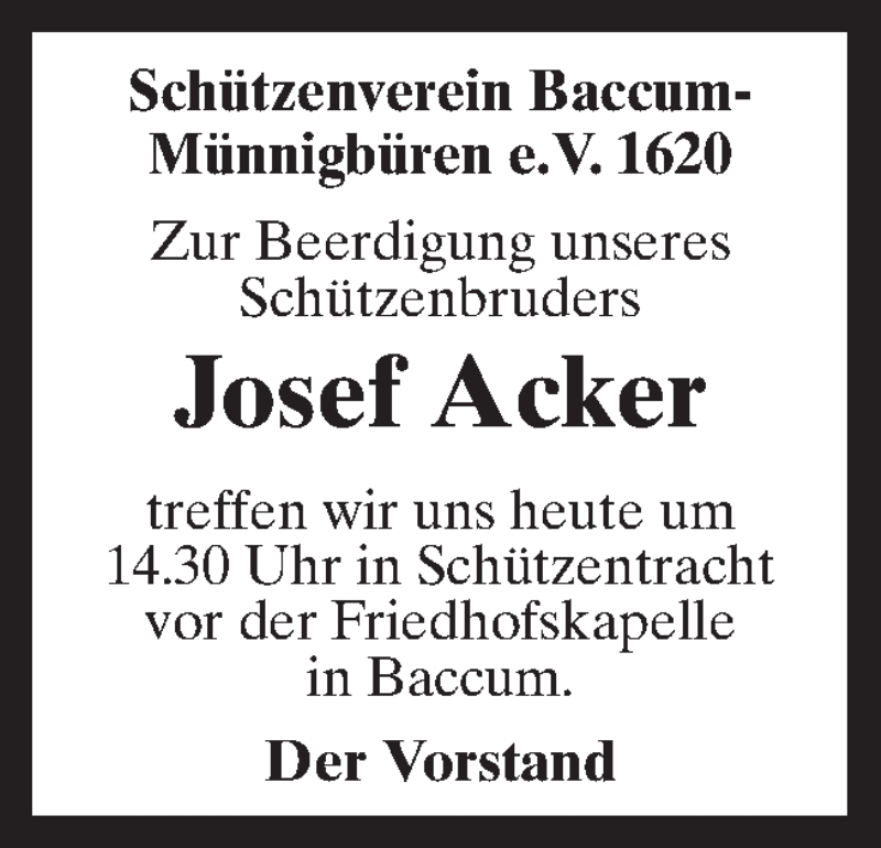  Traueranzeige für Josef Acker vom 17.04.2018 aus Neue Osnabrücker Zeitung GmbH & Co. KG