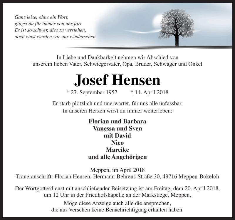  Traueranzeige für Josef Hensen vom 18.04.2018 aus Neue Osnabrücker Zeitung GmbH & Co. KG