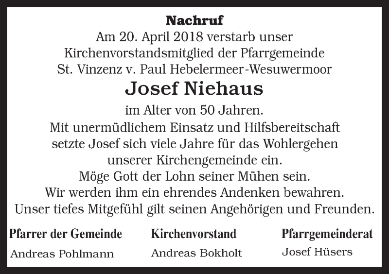  Traueranzeige für Josef Niehaus vom 24.04.2018 aus Neue Osnabrücker Zeitung GmbH & Co. KG