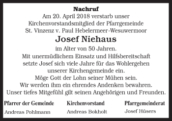 Traueranzeige von Josef Niehaus von Neue Osnabrücker Zeitung GmbH & Co. KG