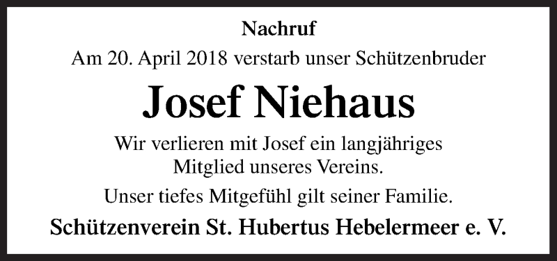  Traueranzeige für Josef Niehaus vom 28.04.2018 aus Neue Osnabrücker Zeitung GmbH & Co. KG