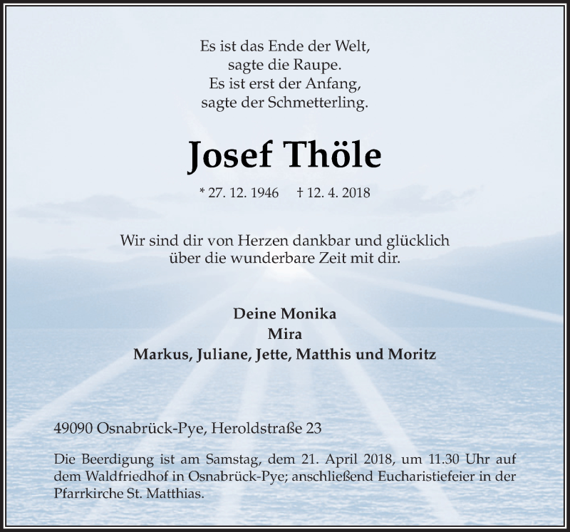  Traueranzeige für Josef Thöle vom 14.04.2018 aus Neue Osnabrücker Zeitung GmbH & Co. KG