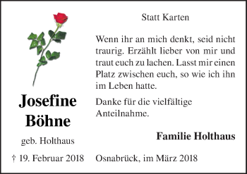 Traueranzeige von Josefine Böhne von Neue Osnabrücker Zeitung GmbH & Co. KG