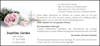 Traueranzeige von Josefine Cordes von Neue Osnabrücker Zeitung GmbH & Co. KG
