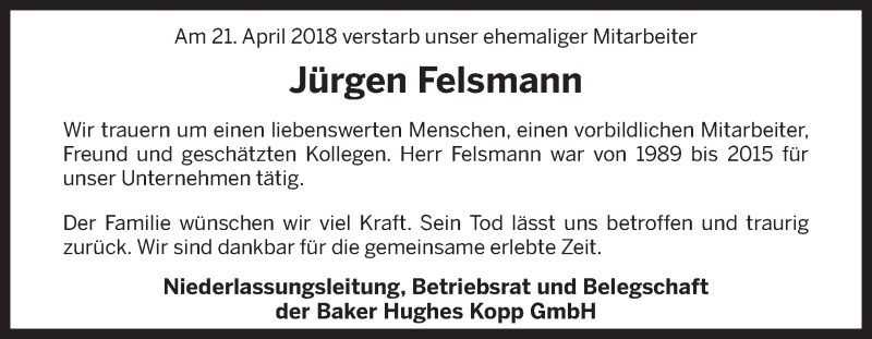  Traueranzeige für Jürgen Felsmann vom 26.04.2018 aus Neue Osnabrücker Zeitung GmbH & Co. KG