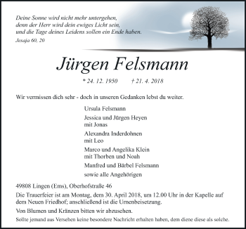 Traueranzeige von Jürgen Felsmann von Neue Osnabrücker Zeitung GmbH & Co. KG