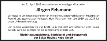 Traueranzeige von Jürgen Felsmann von Neue Osnabrücker Zeitung GmbH & Co. KG