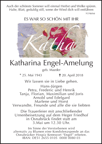 Traueranzeige von Katharina Engel-Amelung von Neue Osnabrücker Zeitung GmbH & Co. KG