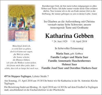 Traueranzeige von Katharina Gebben von Neue Osnabrücker Zeitung GmbH & Co. KG