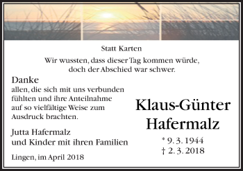Traueranzeige von Klaus-Günter Hafermalz von Neue Osnabrücker Zeitung GmbH & Co. KG