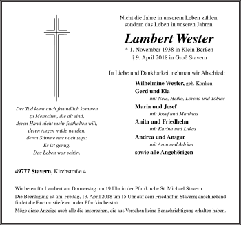 Traueranzeige von Lambert Wester von Neue Osnabrücker Zeitung GmbH & Co. KG