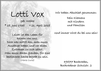 Traueranzeige von Lotti Vox von Neue Osnabrücker Zeitung GmbH & Co. KG