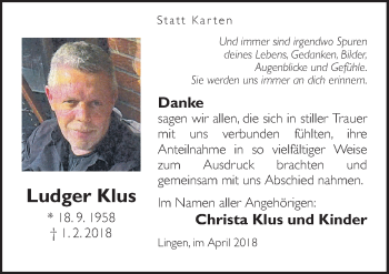 Traueranzeige von Ludger Klus von Neue Osnabrücker Zeitung GmbH & Co. KG