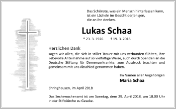 Traueranzeige von Lukas Schaa von Neue Osnabrücker Zeitung GmbH & Co. KG