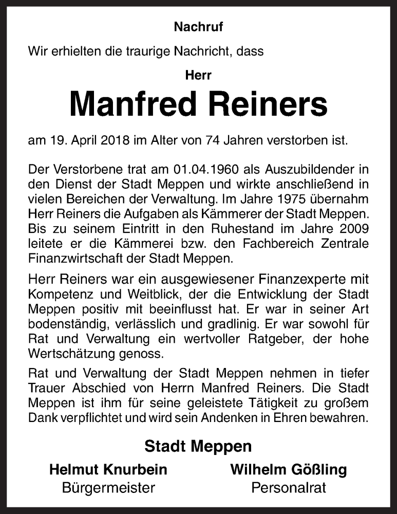  Traueranzeige für Manfred Reiners vom 24.04.2018 aus Neue Osnabrücker Zeitung GmbH & Co. KG