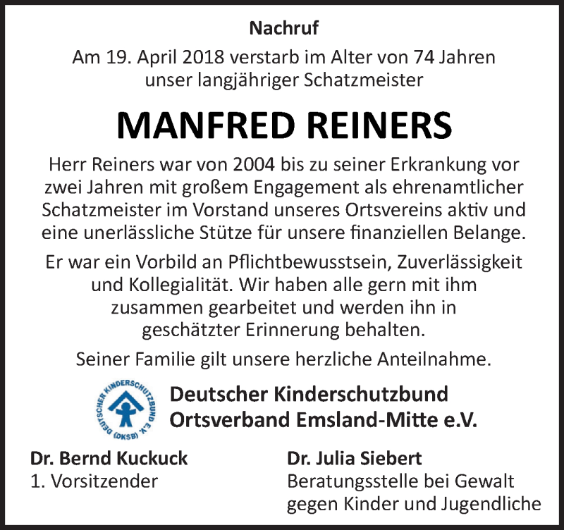  Traueranzeige für Manfred Reiners vom 25.04.2018 aus Neue Osnabrücker Zeitung GmbH & Co. KG