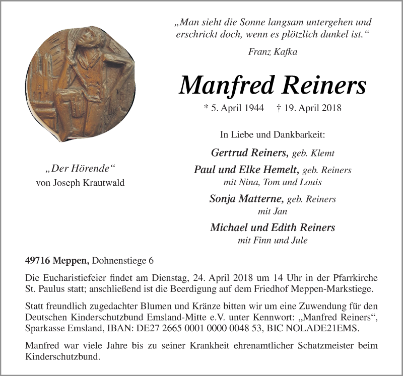  Traueranzeige für Manfred Reiners vom 21.04.2018 aus Neue Osnabrücker Zeitung GmbH & Co. KG