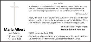 Traueranzeige von Maria Albers von Neue Osnabrücker Zeitung GmbH & Co. KG