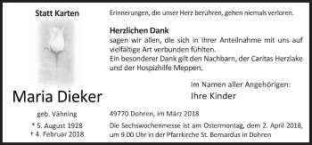 Traueranzeige von Maria Dieker von Neue Osnabrücker Zeitung GmbH & Co. KG