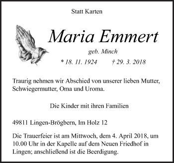 Traueranzeige von Maria Emmert von Neue Osnabrücker Zeitung GmbH & Co. KG