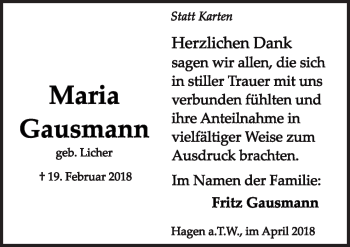 Traueranzeige von Maria Gausmann von Neue Osnabrücker Zeitung GmbH & Co. KG