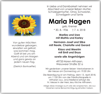 Traueranzeige von Maria Hagen von Neue Osnabrücker Zeitung GmbH & Co. KG