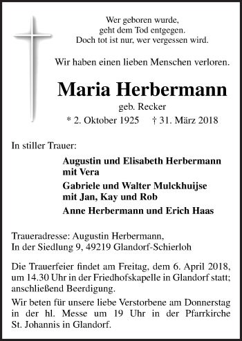 Traueranzeige von Maria Herbermann von Neue Osnabrücker Zeitung GmbH & Co. KG