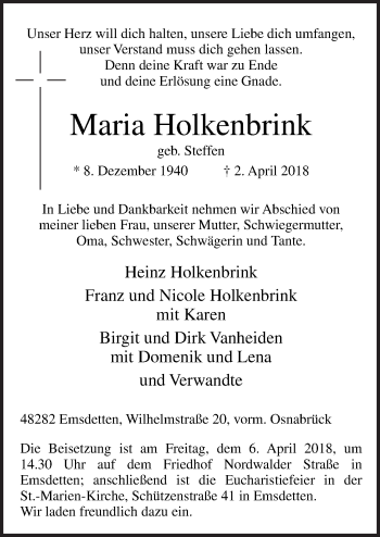 Traueranzeige von Maria Holkenbrink von Neue Osnabrücker Zeitung GmbH & Co. KG