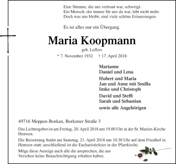 Traueranzeige von Maria Koopmann von Neue Osnabrücker Zeitung GmbH & Co. KG