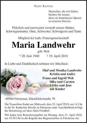 Traueranzeige von Maria Landwehr von Neue Osnabrücker Zeitung GmbH & Co. KG