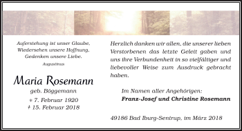 Traueranzeige von Maria Rosemann von Neue Osnabrücker Zeitung GmbH & Co. KG