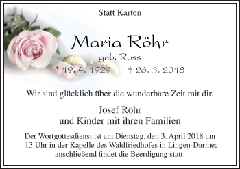 Traueranzeige von Maria Röhr von Neue Osnabrücker Zeitung GmbH & Co. KG