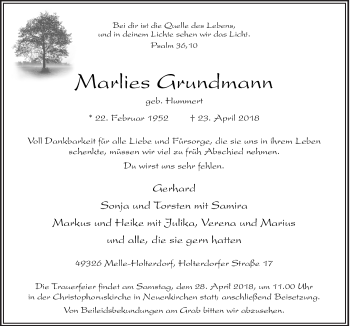 Traueranzeige von Marlies Grundmann von Neue Osnabrücker Zeitung GmbH & Co. KG